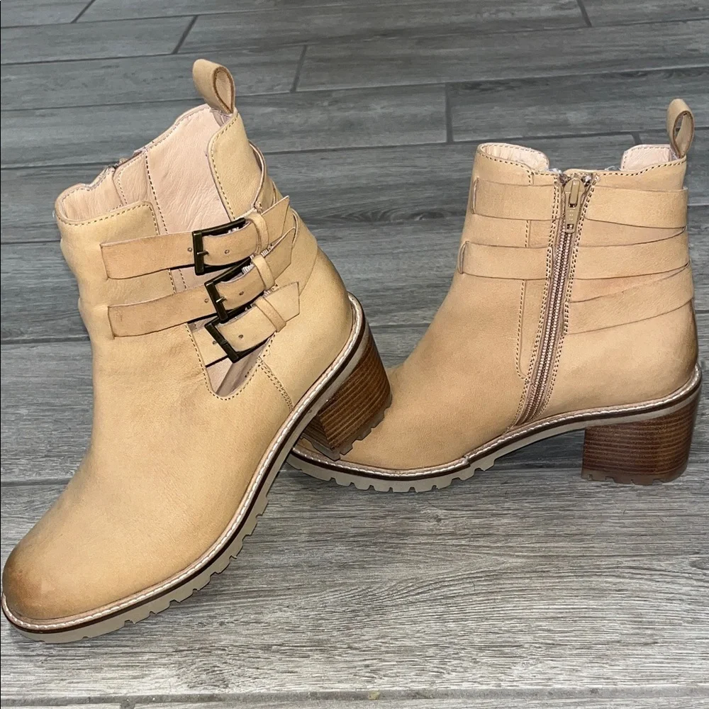 Seychelles Tan Ankle Boots with Triple Buckle Straps and zip closure